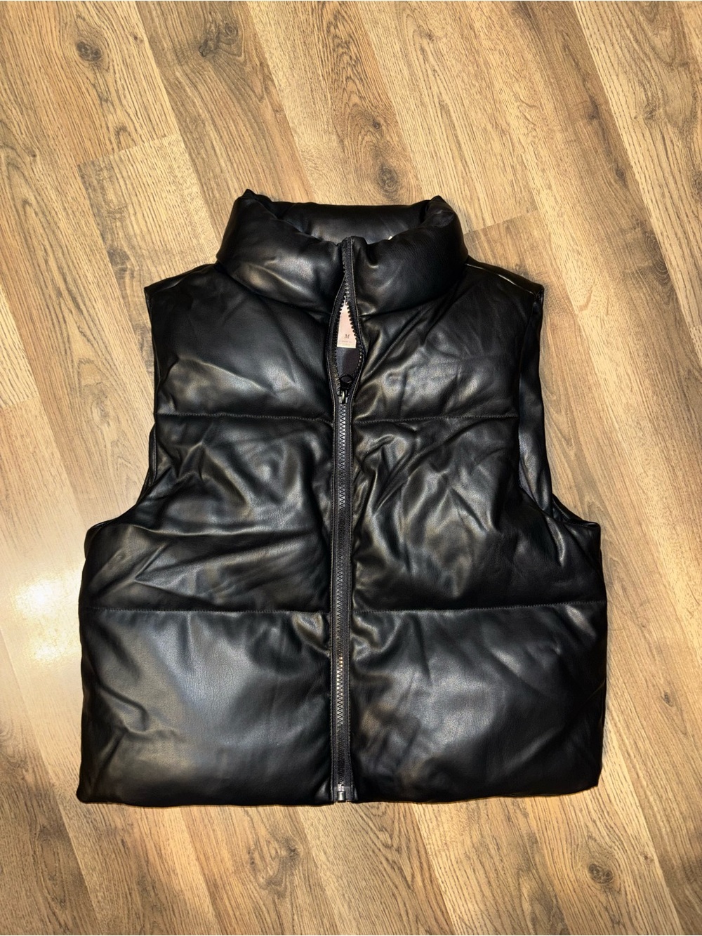 Women's Black Faux Leather Puffer Vest - Sleeveless Quilted Vest